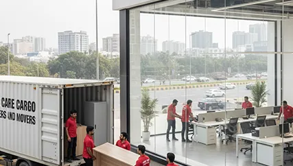 Packers unloading office furniture in Gurgaon Faridabad Road, Gurugram