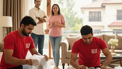Movers wrapping fragile items in Lacman Vihar, Gurugram