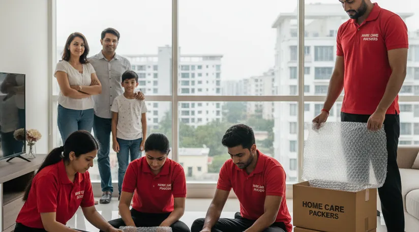 Movers packing household items in Lacman Vihar, Gurugram