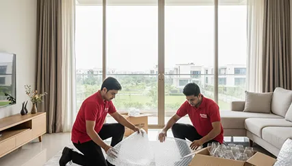 Movers carefully packing fragile items in Manesar, Gurugram