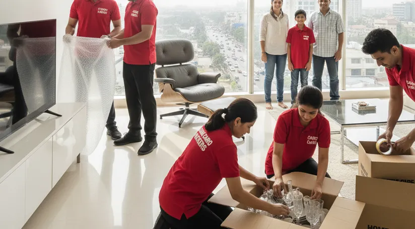 Movers packing household goods in MG Road, Gurugram