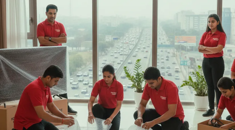 Movers packing household goods on NH 8, Gurugram