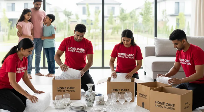 Movers packing household items in a living room