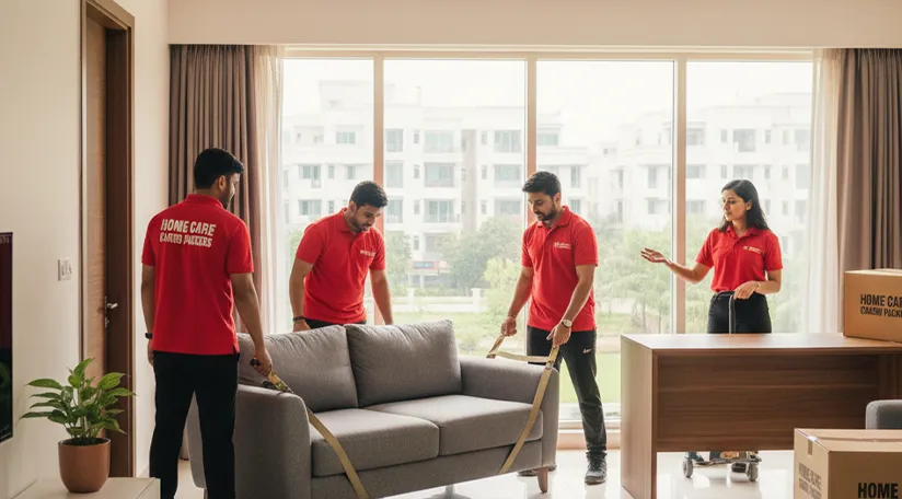 Team of movers carefully unloading large furniture
