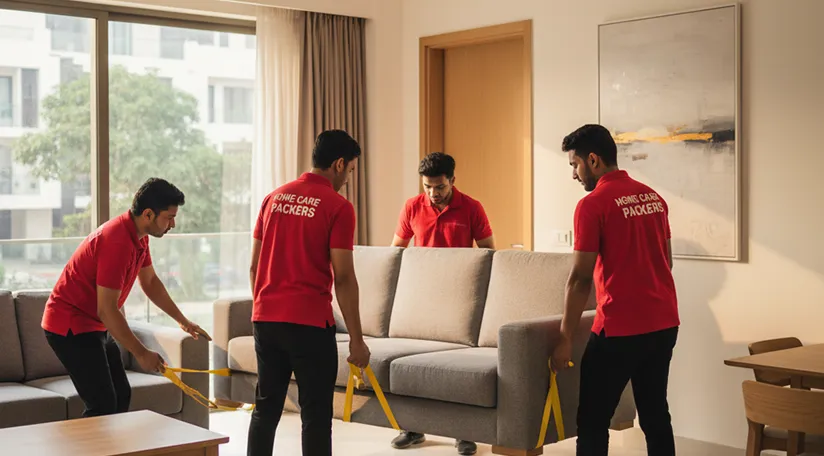 Team of movers lifting heavy furniture in Roshan Pura, Gurugram