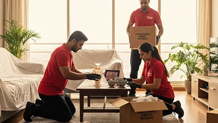 Movers wrapping fragile items like glassware and electronics with care in Sector 100
