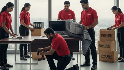 Office movers disassembling furniture and packing office electronics in Sector 100