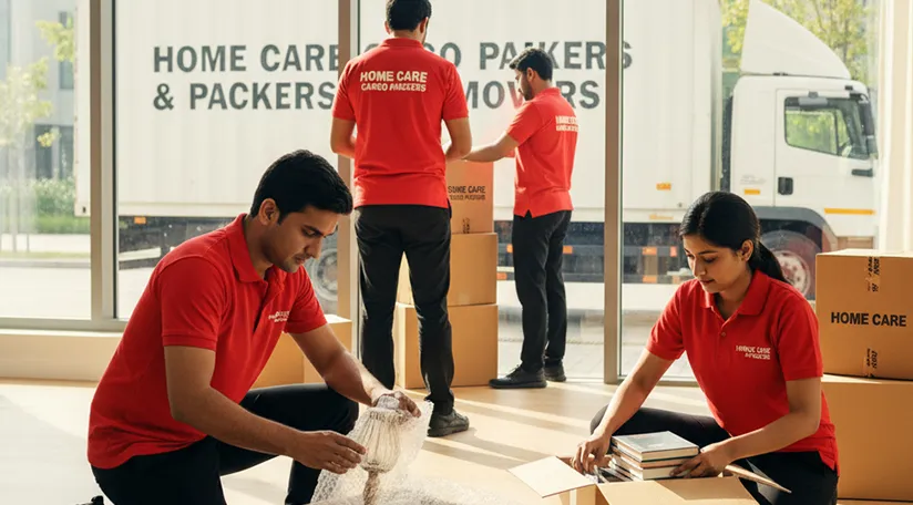 Movers packing household items and loading them onto a truck in Sector 100