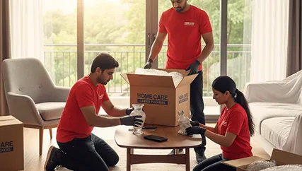 Movers wrapping fragile items carefully and preparing them for transport in Sector 101