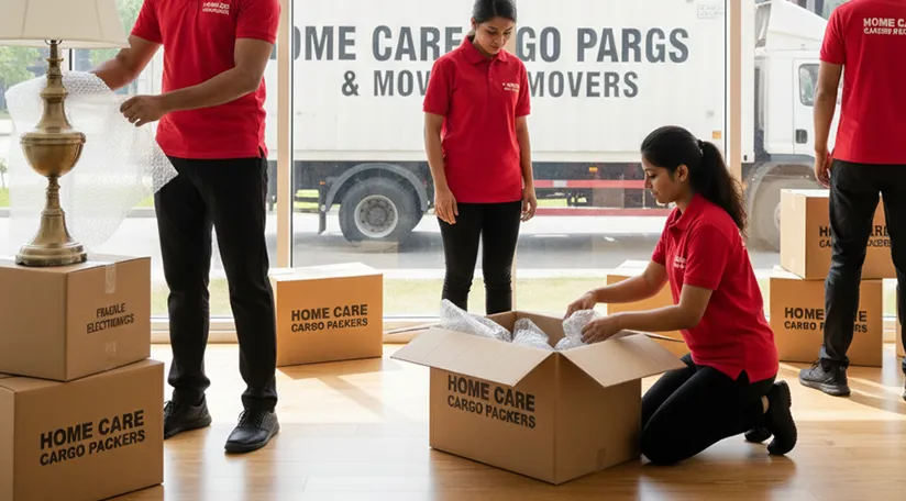 Movers carefully packing household goods and loading them onto a truck in Sector 101