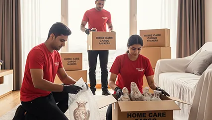 Movers wrapping fragile items and securing them for transport in Sector 103