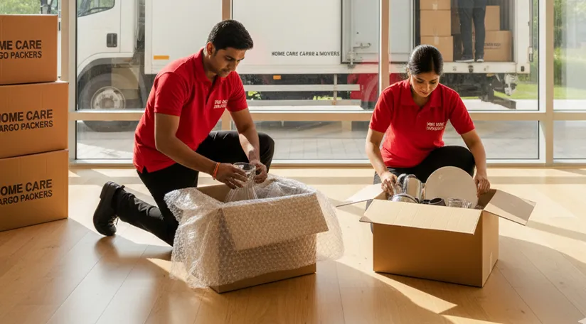 Movers packing household goods carefully and loading them onto a truck in Sector 105