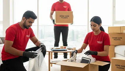 Movers wrapping fragile items like glassware and electronics in Sector 109
