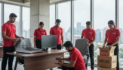 Office movers disassembling furniture and packing electronics in Sector 109