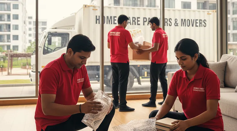 Movers packing household items carefully and loading them onto a truck in Sector 109