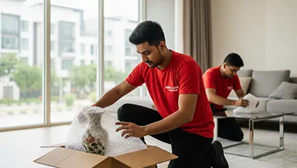 Packers wrapping fragile glassware in protective material in Sector 10A