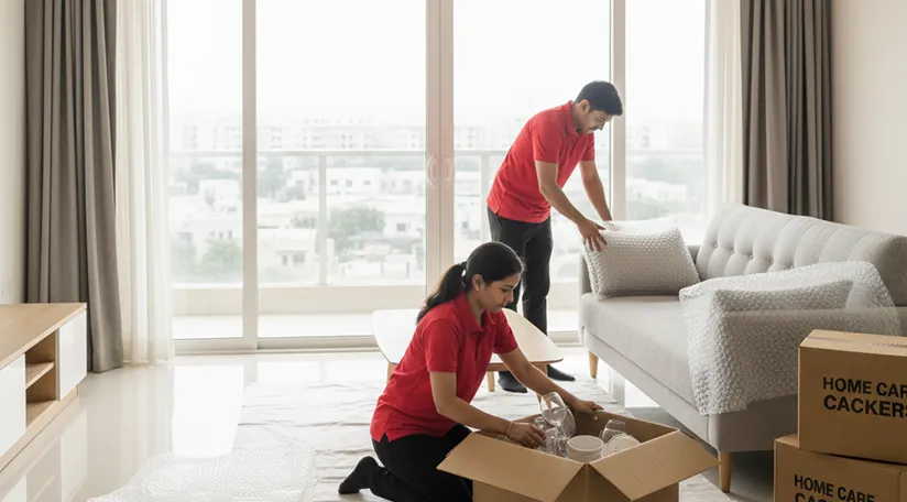 Movers packing fragile items and wrapping furniture in Sector 10A, Gurugram
