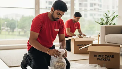 Movers wrapping fragile glassware and delicate items in Sector 11, Gurugram