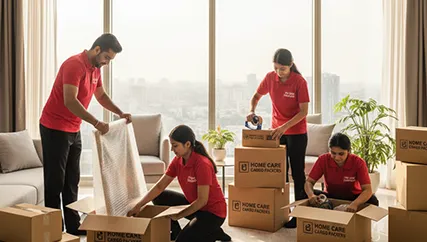 Movers unloading packed office furniture in Sector 11, Gurugram