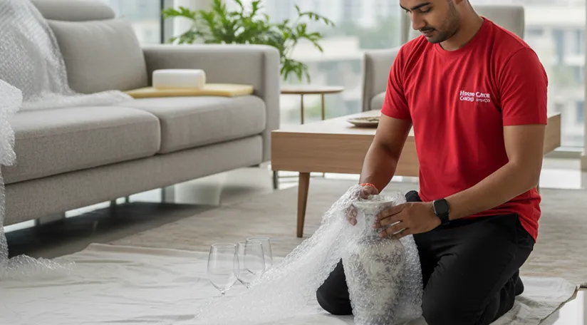 Packers wrapping a sofa and fragile items in Sector 11, Gurugram