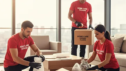 Movers wrapping fragile items with care in Sector 110A