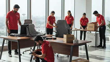Office movers carefully disassembling office furniture and packing electronics in Sector 110A