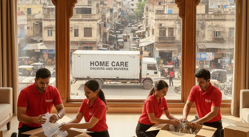 Movers packing household items and carefully loading them onto a truck in Sector 110A