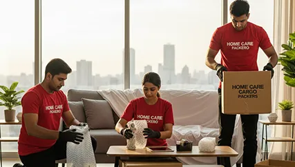 Movers wrapping fragile items like glassware and electronics with care in Sector 111