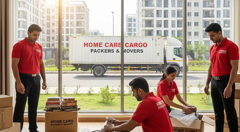 Movers packing household goods and carefully loading them onto a truck in Sector 111