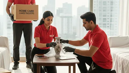 Movers wrapping fragile items with care for transport in Sector 114