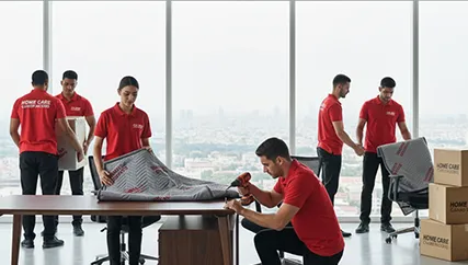 Office movers disassembling office furniture and packing electronics in Sector 114