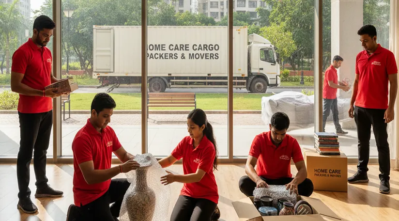 Movers packing household items and carefully loading them onto a truck in Sector 114