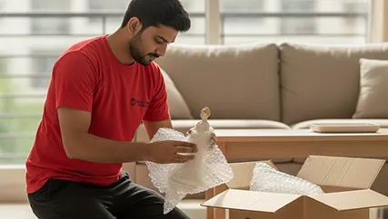 Packers wrapping delicate glassware and fragile items in Sector 12A, Gurugram