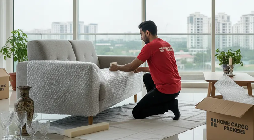 Movers carefully wrapping a sofa and fragile items in Sector 12A, Gurugram