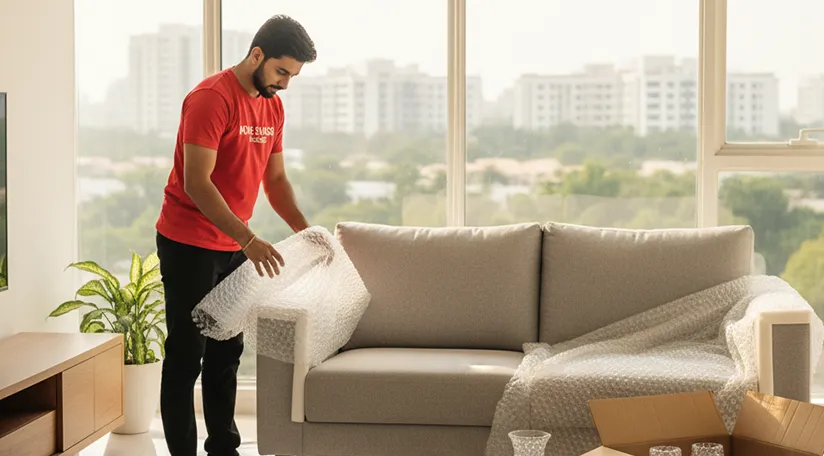 Packers wrapping a sofa and fragile items in Sector 16, Gurugram