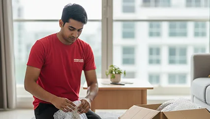 Packers wrapping delicate glassware and fragile items in Sector 18, Gurugram