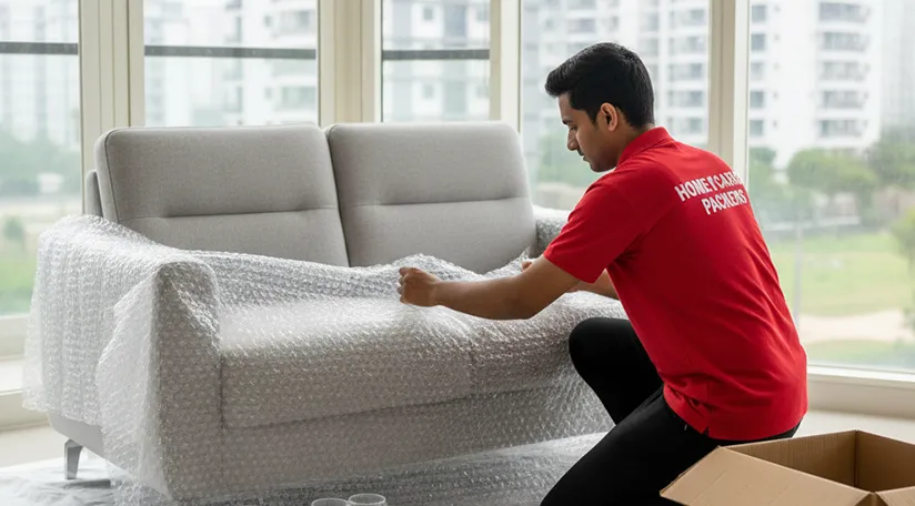 Movers wrapping sofa and fragile items in Sector 18, Gurugram