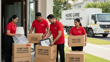 Movers packing household items into boxes