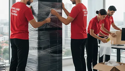 Office relocation team wrapping equipment