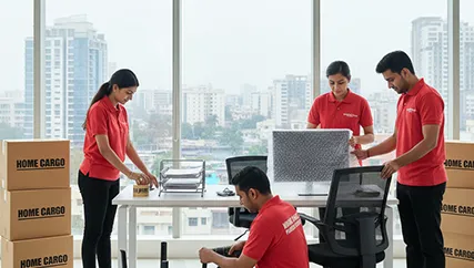 Office relocation staff wrapping equipment
