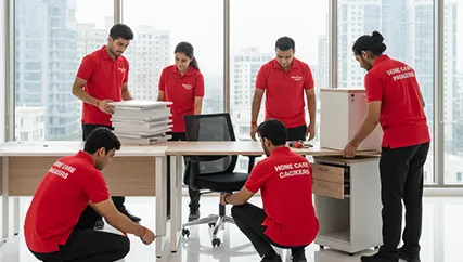Movers assembling furniture in a new office space in Sector 3