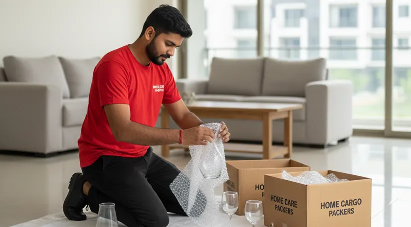 Movers carefully wrapping fragile items in Sector 3, Gurugram