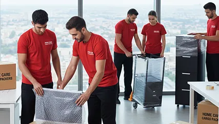 Office moving crew wrapping and packing office items