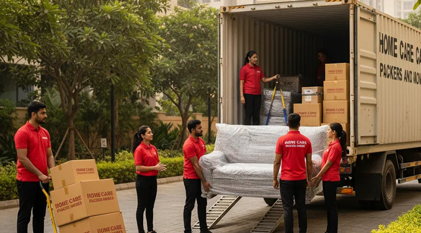 Professional movers loading household items into truck