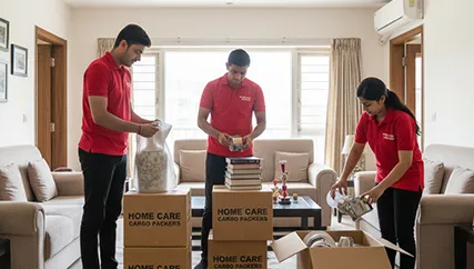 Movers packing home items into boxes