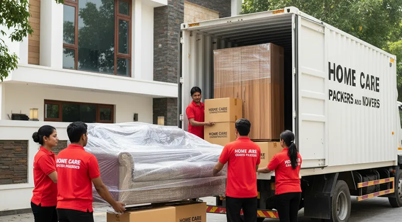 Professional movers loading home goods into truck