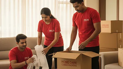 Movers organizing boxed household items