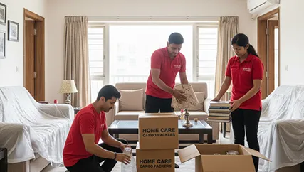 Movers packing household boxes