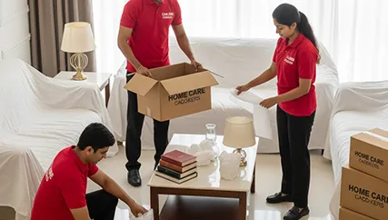 Movers organizing household boxes