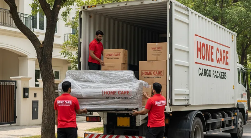 Movers loading household furniture into container truck